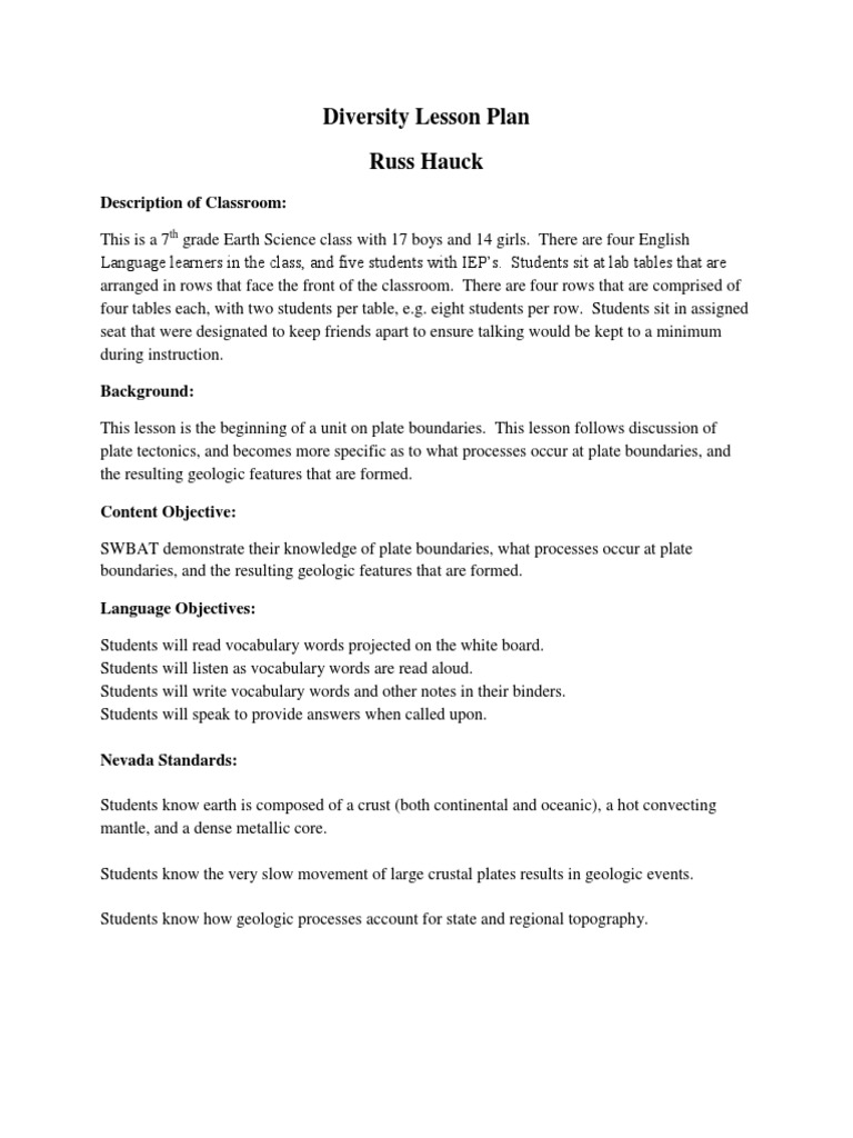 Diversity Lesson Plan | PDF | Plate Tectonics | Tectonics