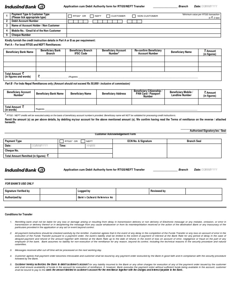 Rtgs Neft Form Debits And Credits Banks