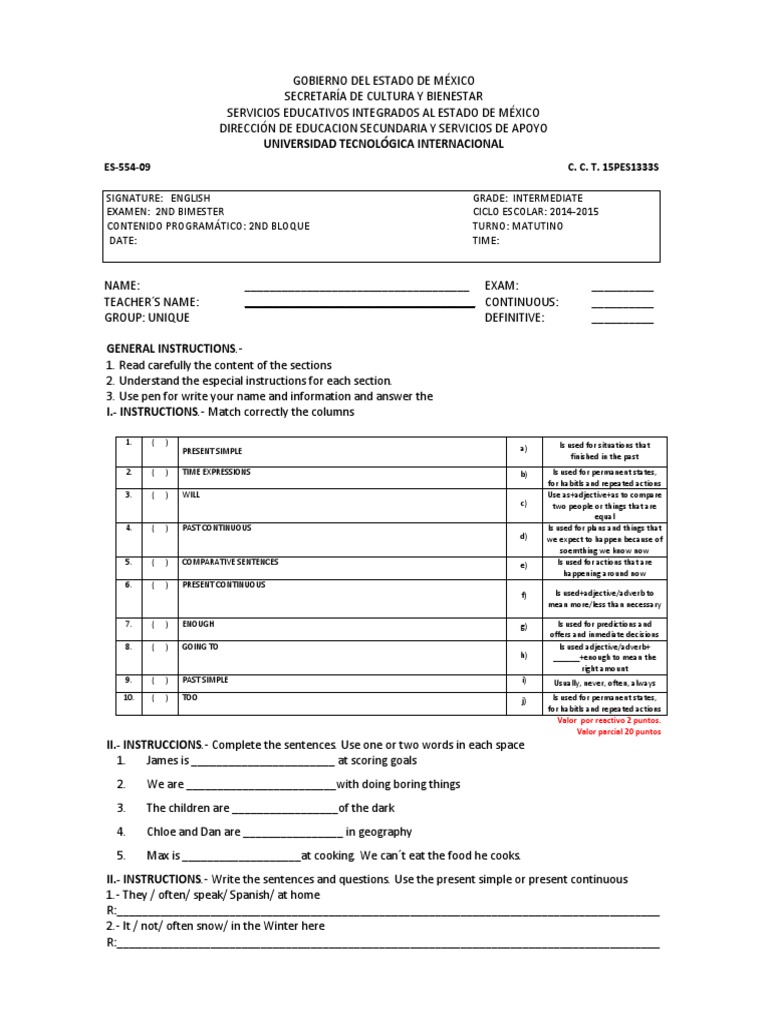 Examen de Inglés 2° Secundaria 2023 | PDF | English Language | Onomastics