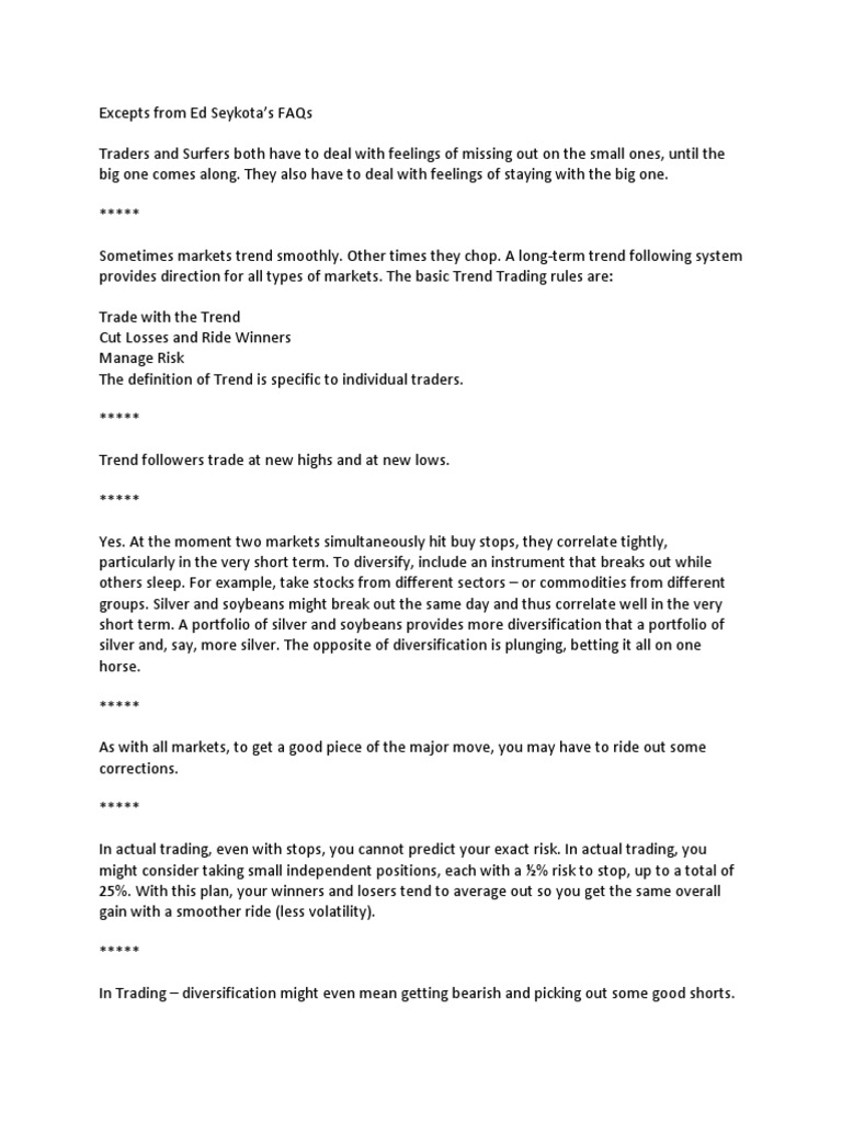 Principles of Ed Seykota (Trend Follower) | PDF | Diversification (Finance)  | Risk
