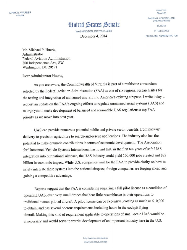 12.04.2014 Sen. Mark Warner Letter To FAA Re. UAS | PDF