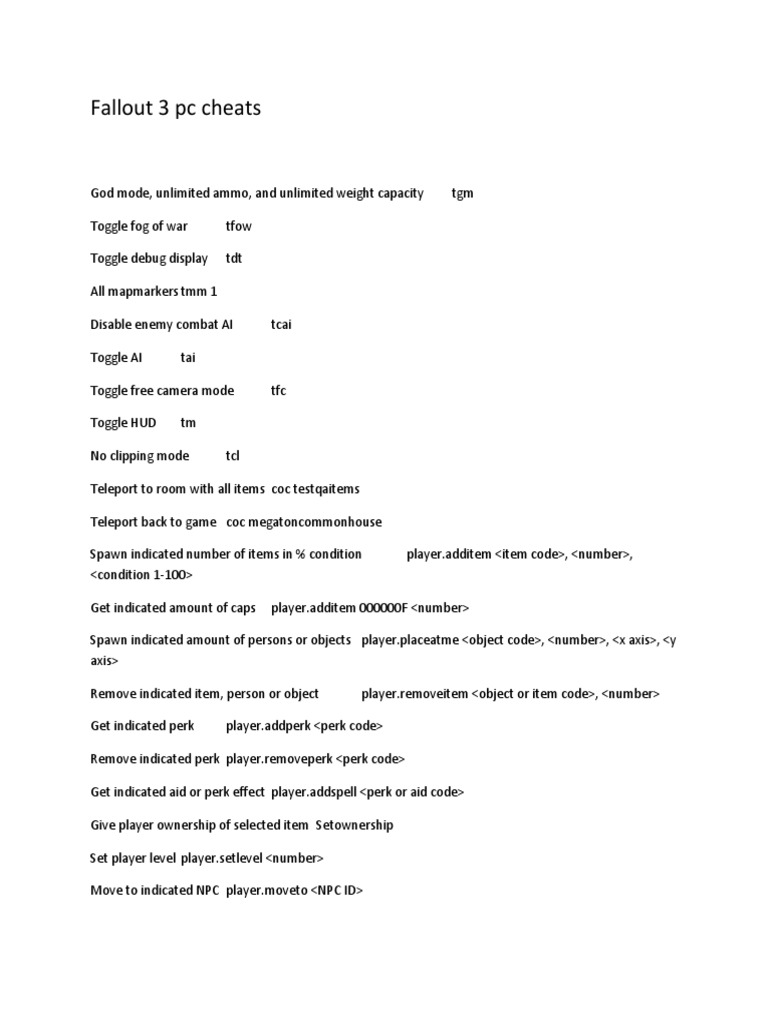 Fallout 3 Pc Cheats Command Line Interface Computing And Information Technology