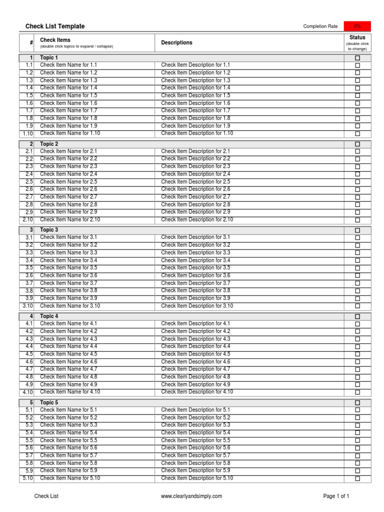Check List Template: # Check Items Descriptions Status | PDF