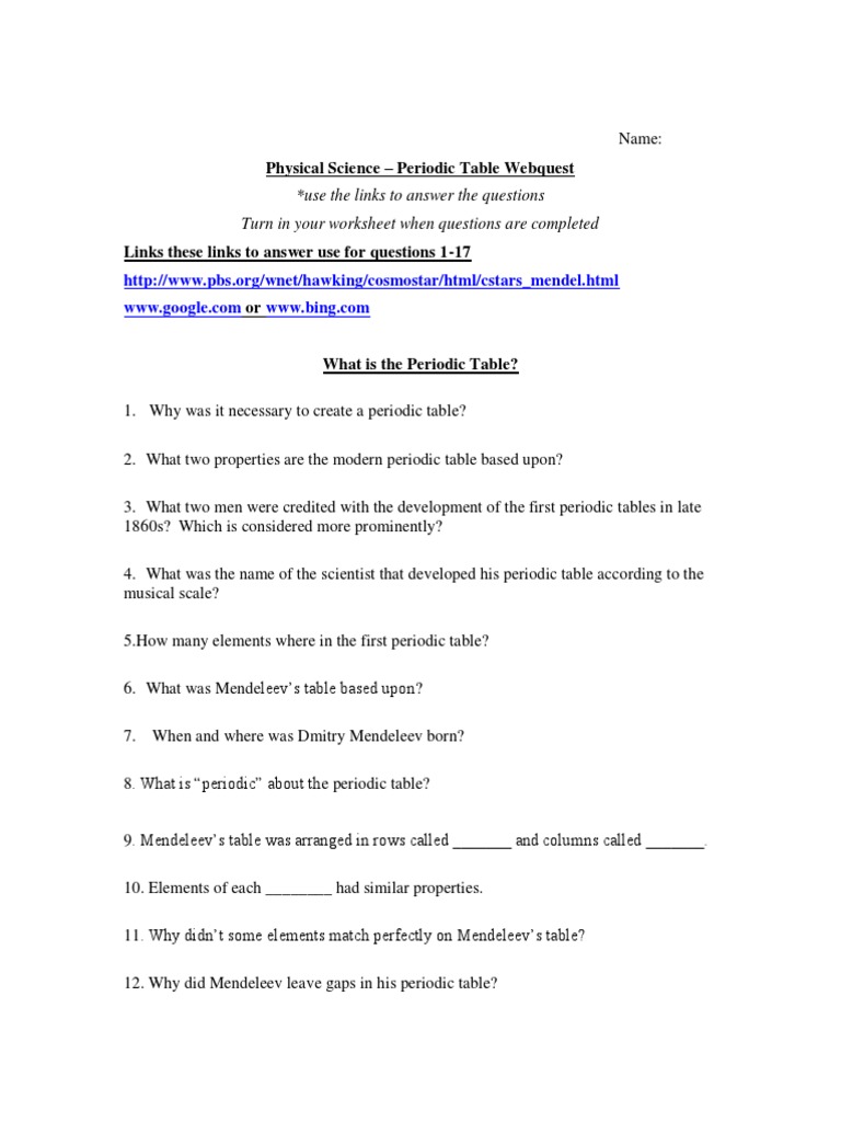 Periodic Table Webquest  Periodic Table  Transition Metals For Periodic Table Webquest Worksheet Answers