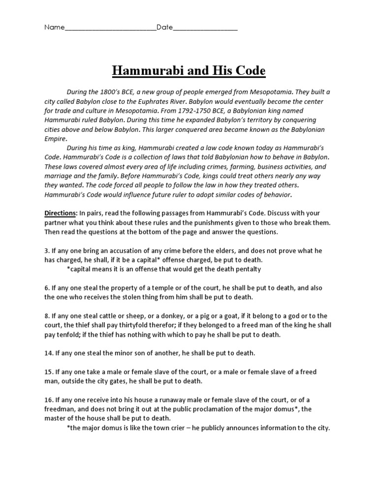 Hammurabi And His Code Assignment Hammurabi Babylon