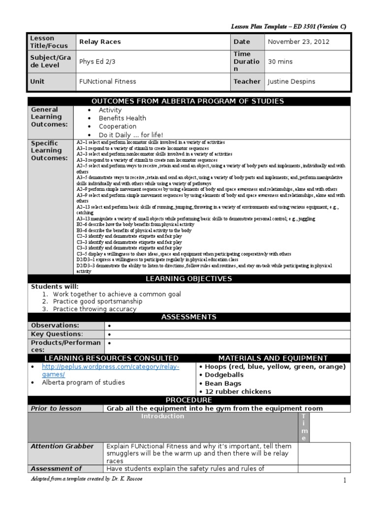 Relay Race Lesson Plan Nov 24 PDF Physical Education Lesson Plan