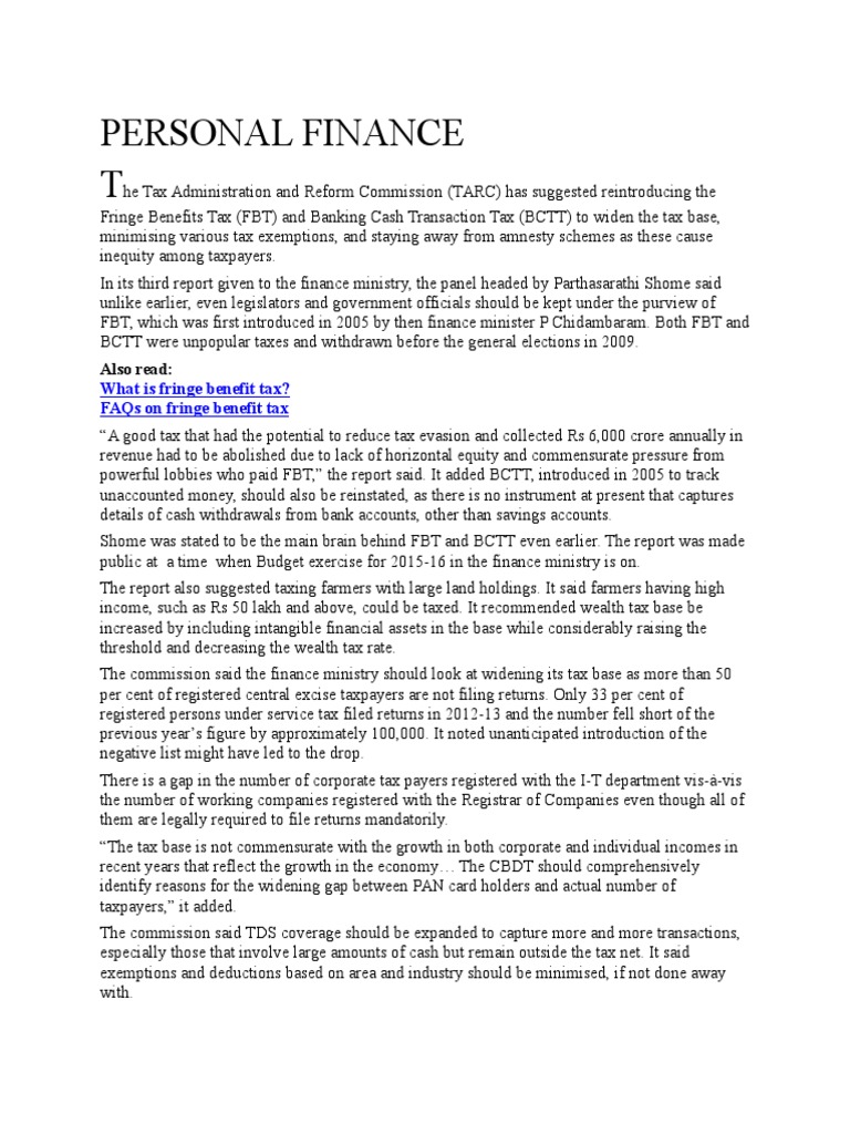 Report Reintroducing Fringe Benefits Tax and Banking Cash