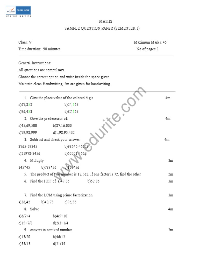 Class 5 Icse Maths Sample Papers Term 1 Model 2 Mathematical Concepts Elementary Mathematics