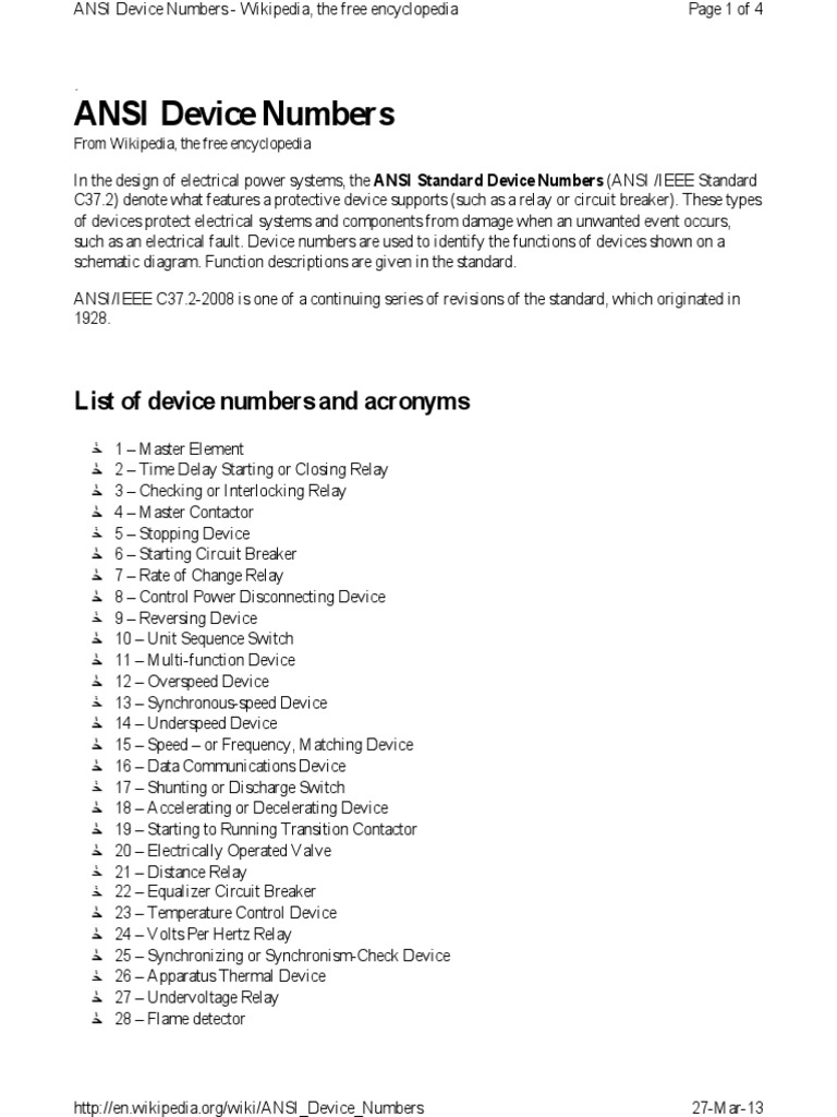 ANSI Device Numbers PDF Relay Switch