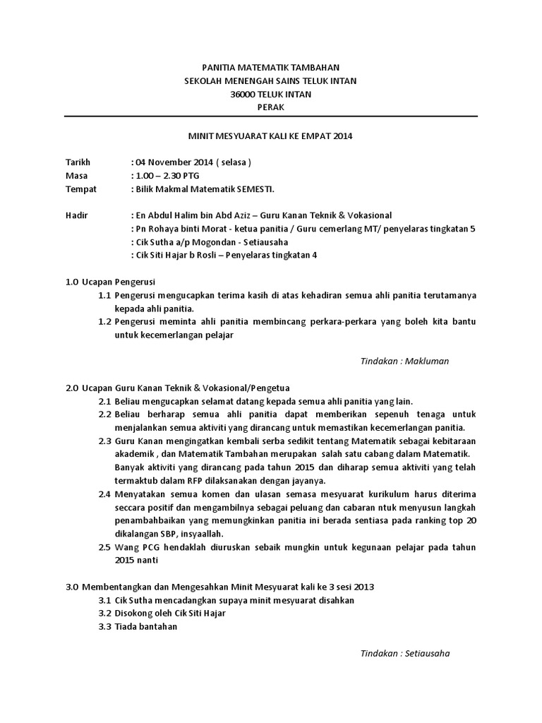 Minit Mesyuarat Kali Ke 4 Matematik Tambahan 2014