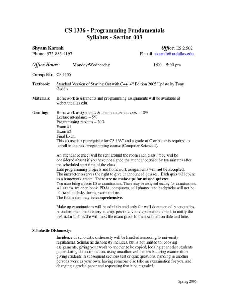 CS 1336 Programming Fundamentals Syllabus | PDF | Test (Assessment) | C++