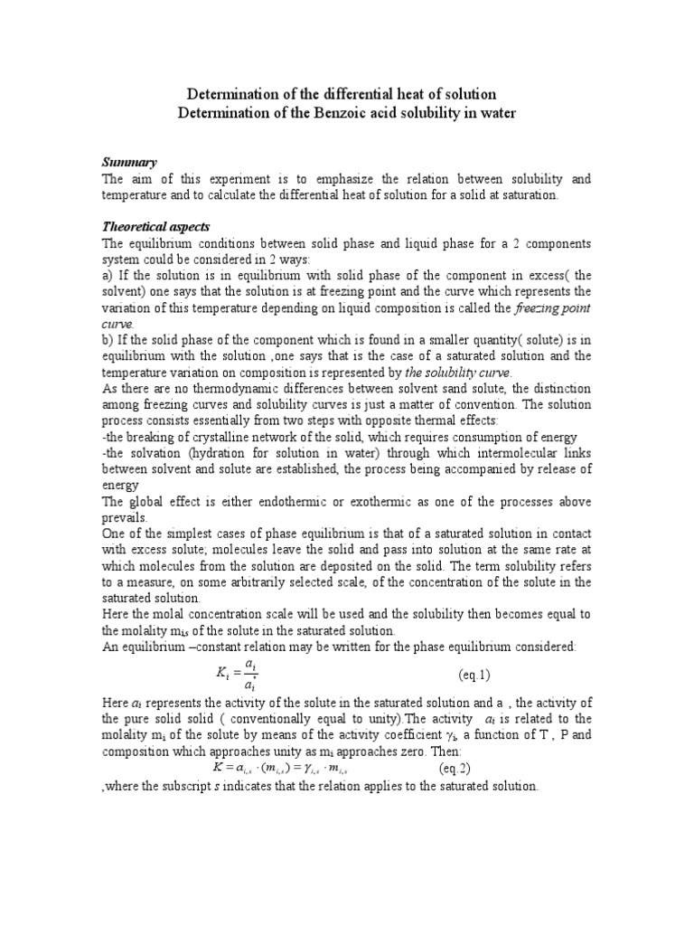 Determination of The Differential Heat of Solution PDF Solubility