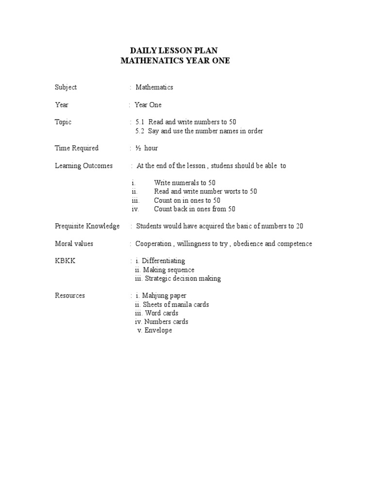 Year One Mathematics Lesson Plan | PDF