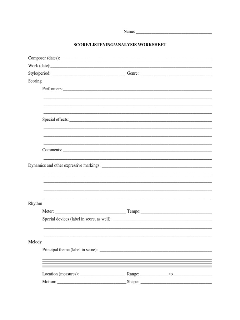 Music Score Analysis Worksheet Musical Compositions Music Theory