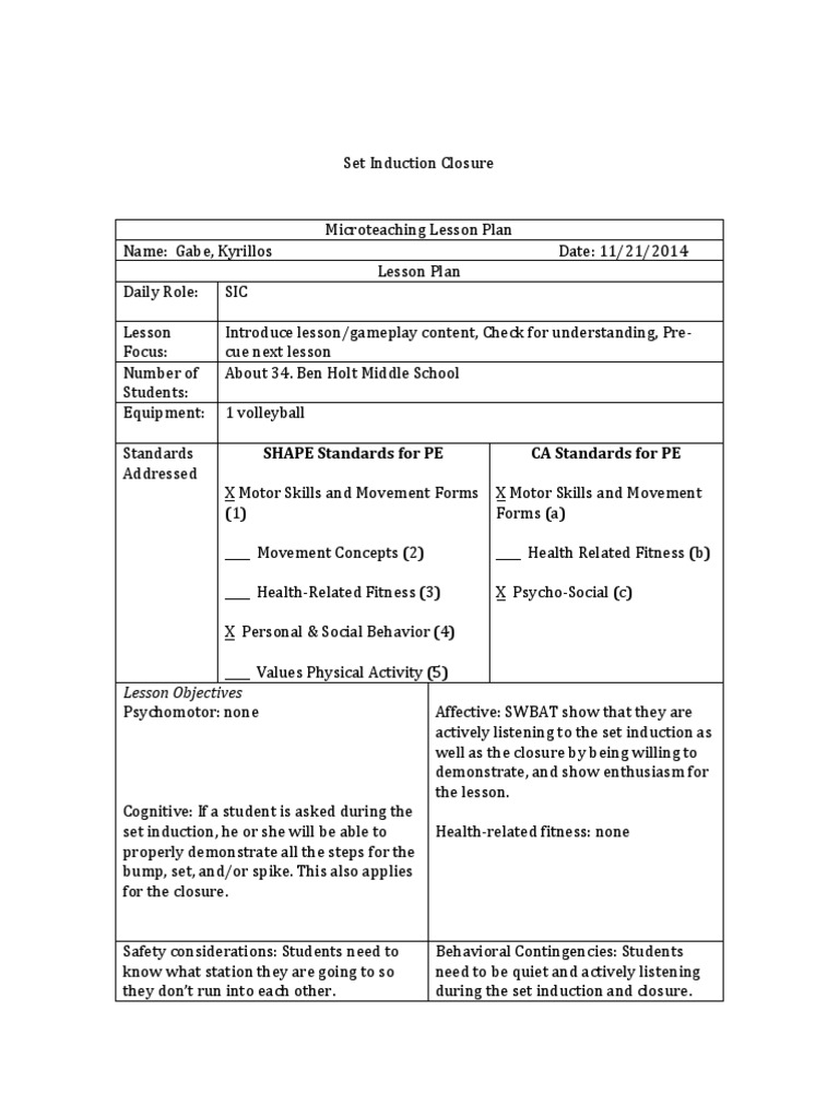 Set Induction Closure Lesson Plan Educational Assessment