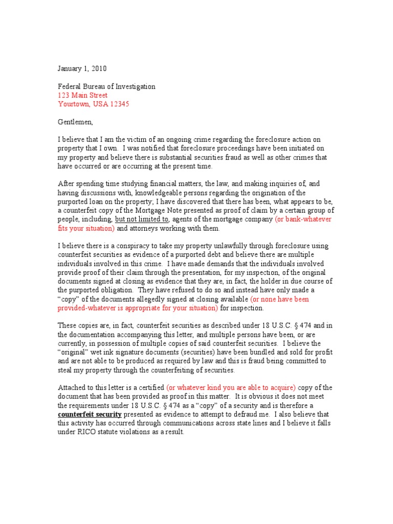 FBI Cover Letter | Foreclosure | Fraud