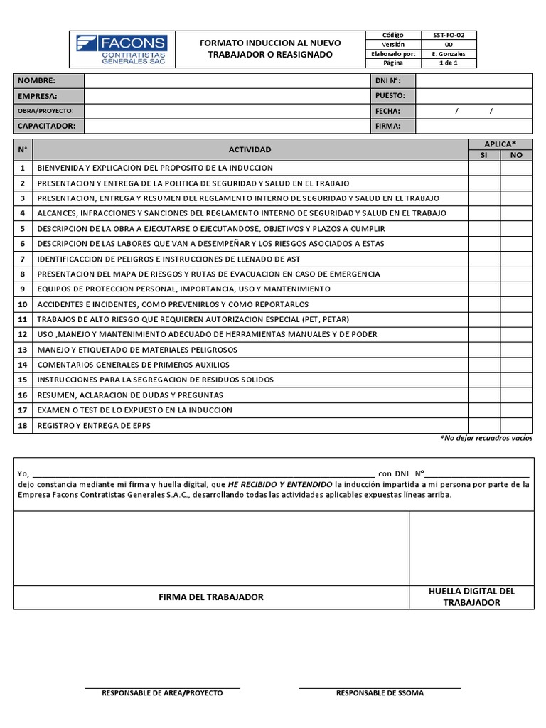 Formato de Induccion a Nuevo Trabajador