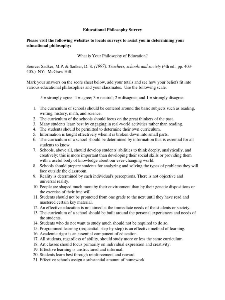 EDUCATIONAL PHILOSOPHY SURVEY intelligence overview