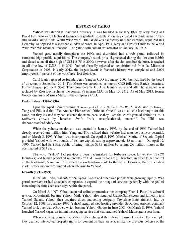 History of Yahoo Yahoo! Was Started at Stanford University. It Was ...