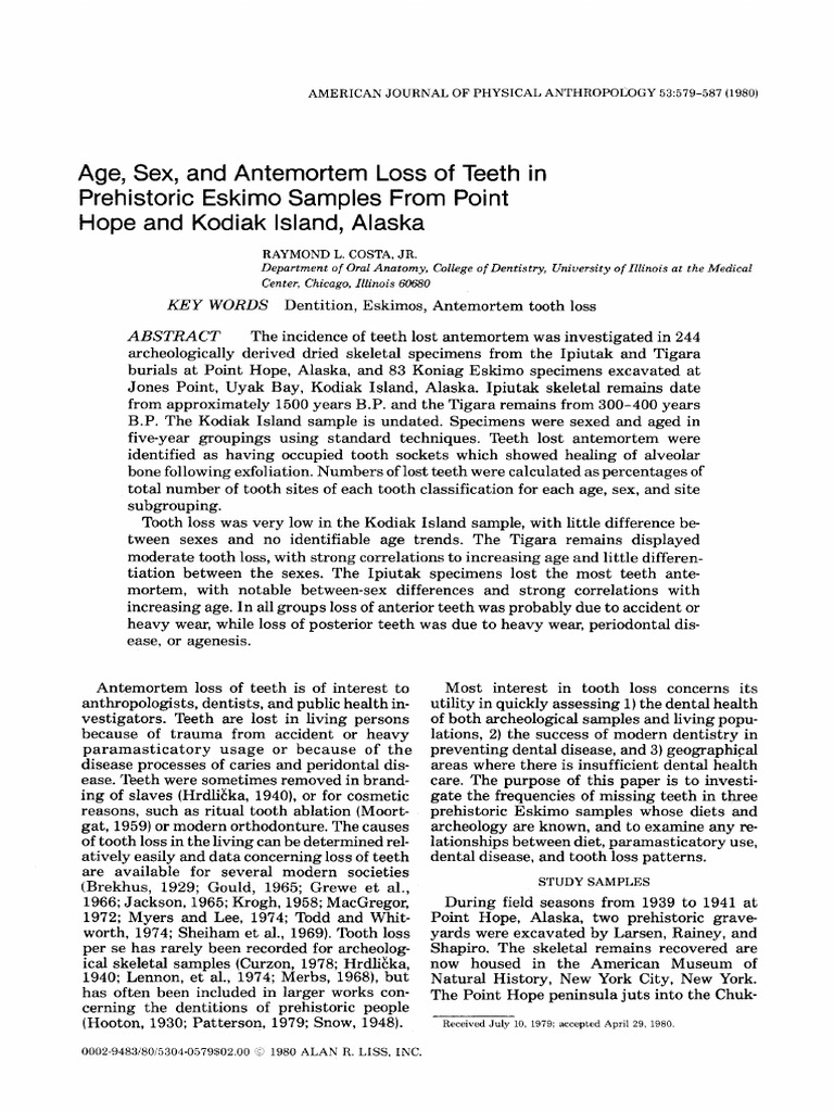 Age, Sex, and Antemortem Loss of Teeth in Prehistoric Eskimo Samples ...
