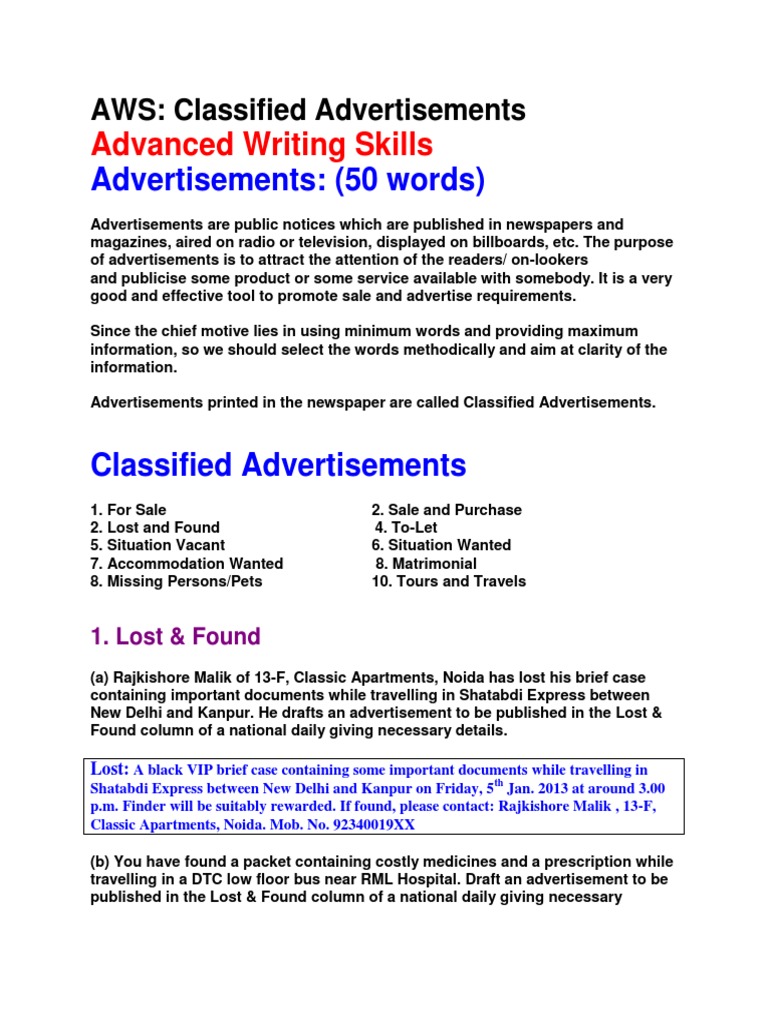 Writing Classified Advertisements | PDF | Career & Growth