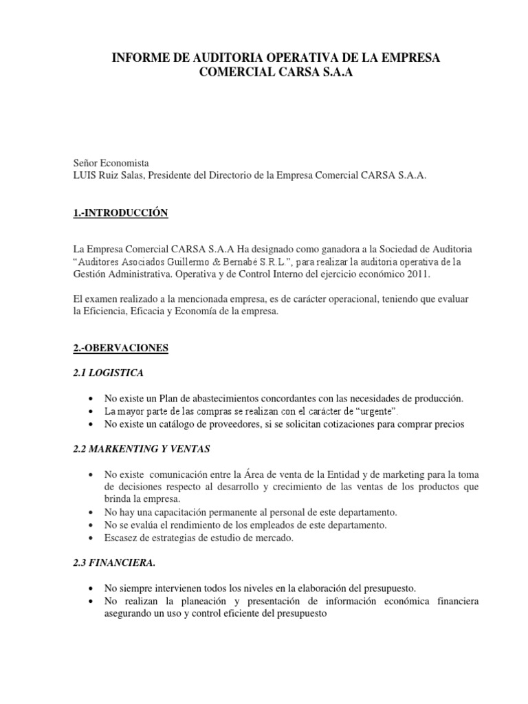 Informe de Auditoria Operativa empresa comercial Marketing Presupuesto Prueba gratuita de