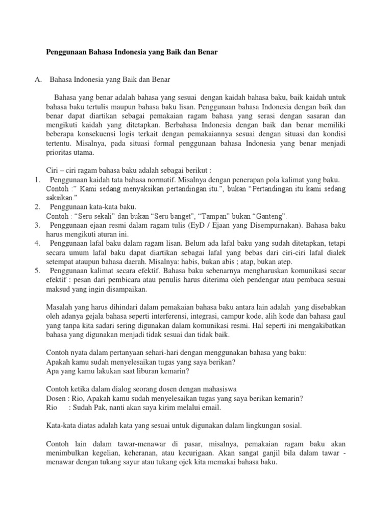 Penggunaan Bahasa Indonesia Yang Baik Dan Benar