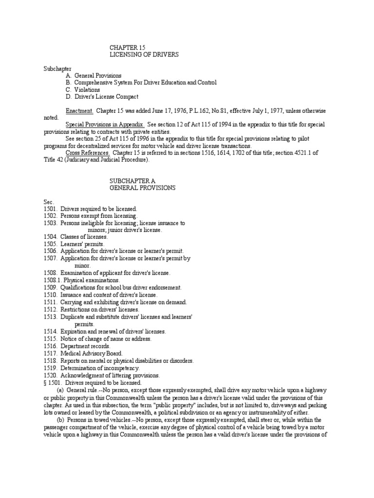 PA Vehicle Code Chapter 15 Driver's License