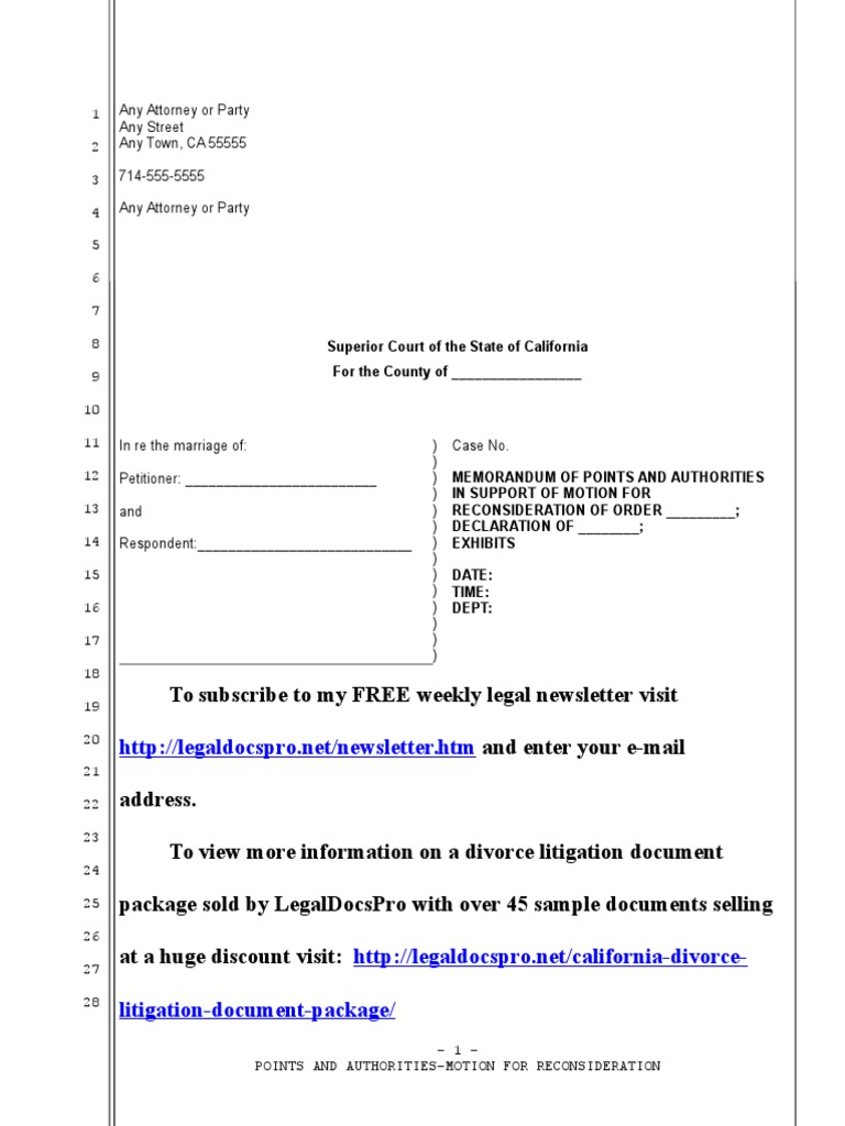 Sample Motion For Reconsideration For California Divorce | PDF 