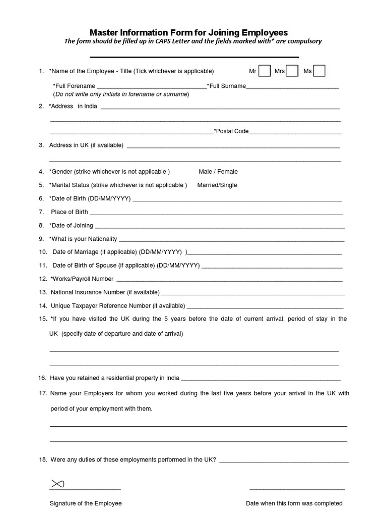 Master Information Form For Joining Employees PDF Employment