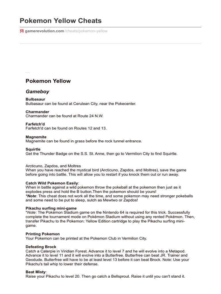 Jolteon's Pokemon Yellow Cheats and Gameshark Codes