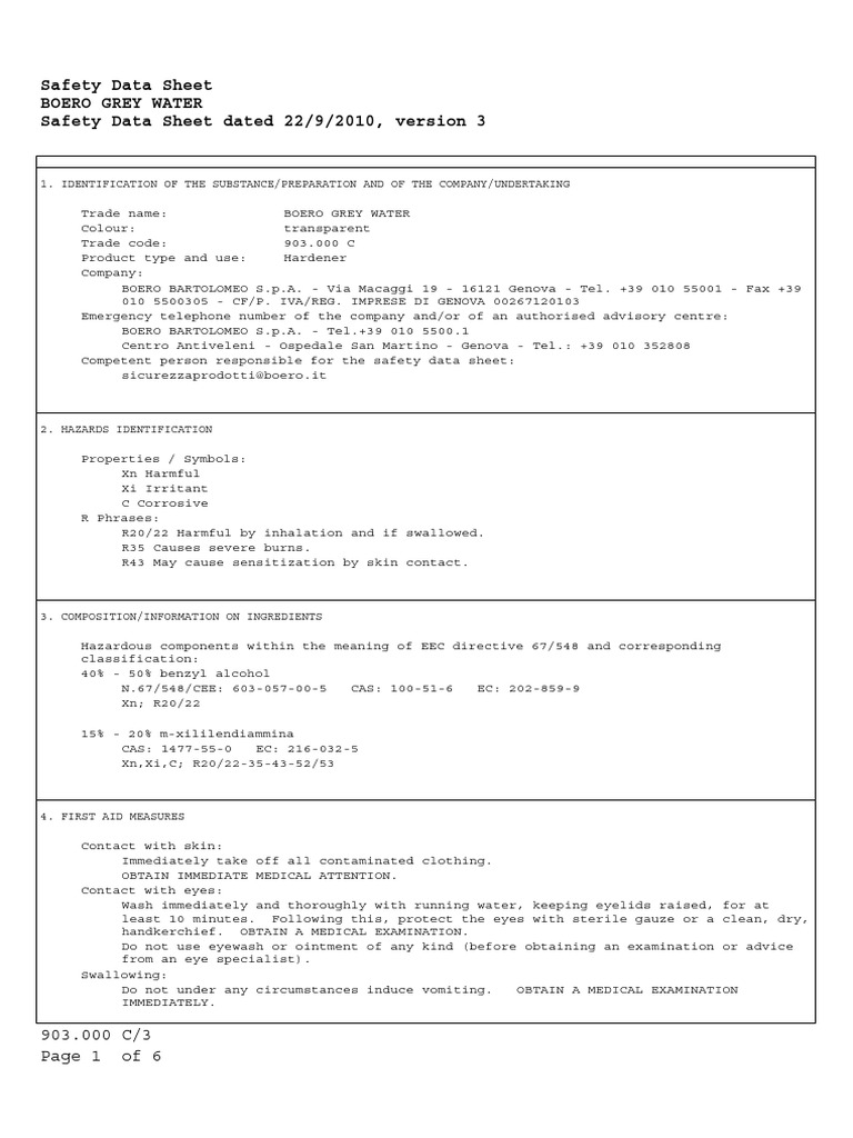 Safety Data Sheet Boero Grey Water Safety Data Sheet Dated 22/9/2010 ...