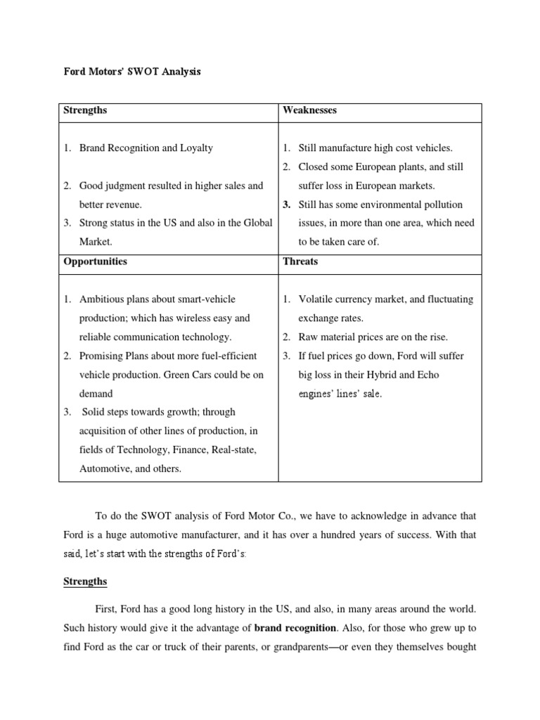 Ford Motors' SWOT Analysis | PDF | Ford Motor Company | Car