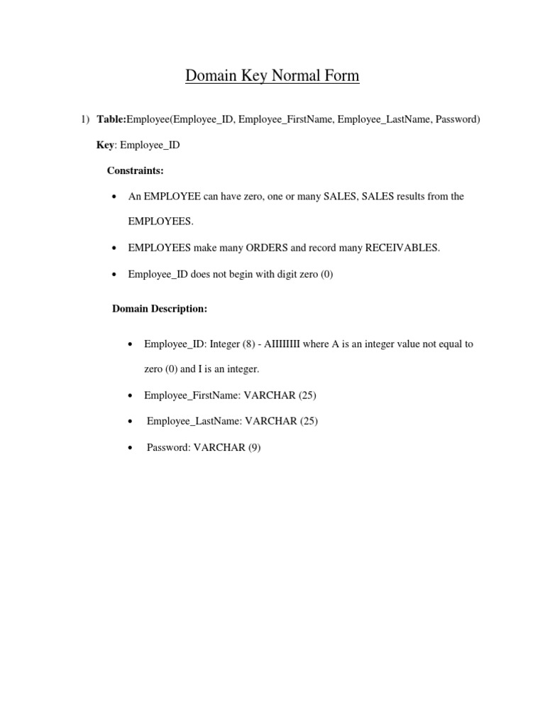 Domain Key Normal Form Key Employee ID Constraints PDF Computer