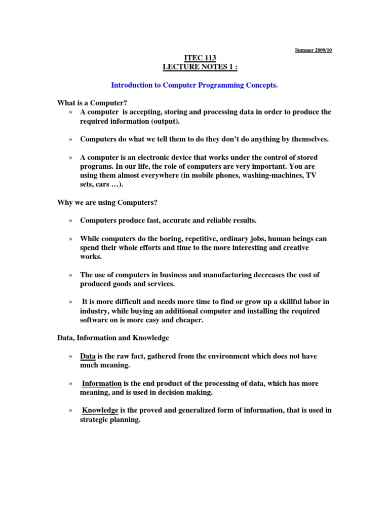 Introduction To Computer Programming Concepts.: Summer 2009/10 | PDF ...