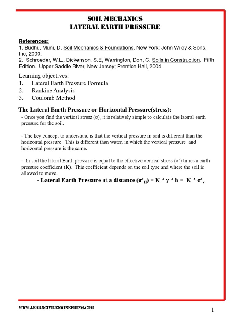 Lateral Earth Pressure Calculations | PDF | Soil Mechanics | Classical ...