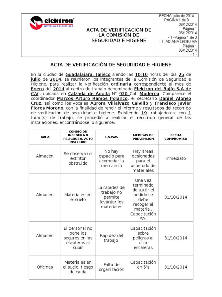 Formato de Acta de Verificacion de La CSH | PDF | Bienestar | Medicina