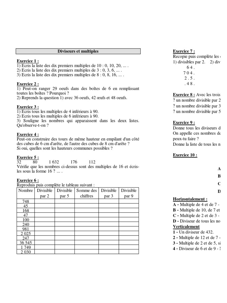Multiples Cm1 Exercices à Imprimer Diviseur Et Multiples | PDF