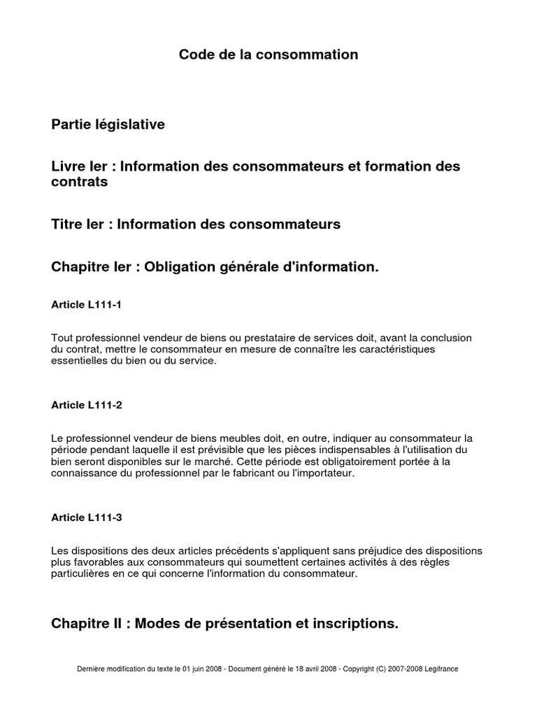 Article L216 4 Du Code De La Consommation Code de La Consommation - Partie Législative | PDF | Chocolat | Publicité
