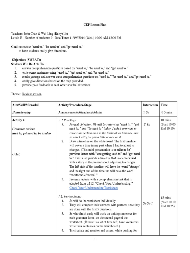 ESL Lesson Plan: Used To & Directions | PDF | Reading Comprehension ...