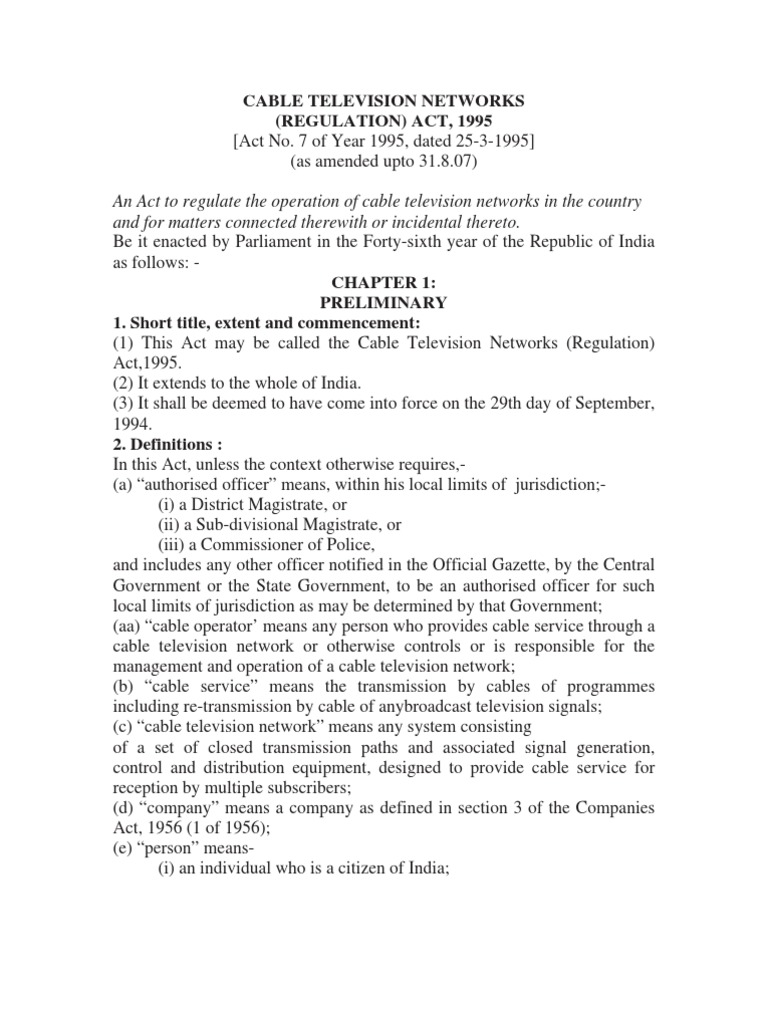 Cable Television Network Act 1995 PDF Cable Television Television