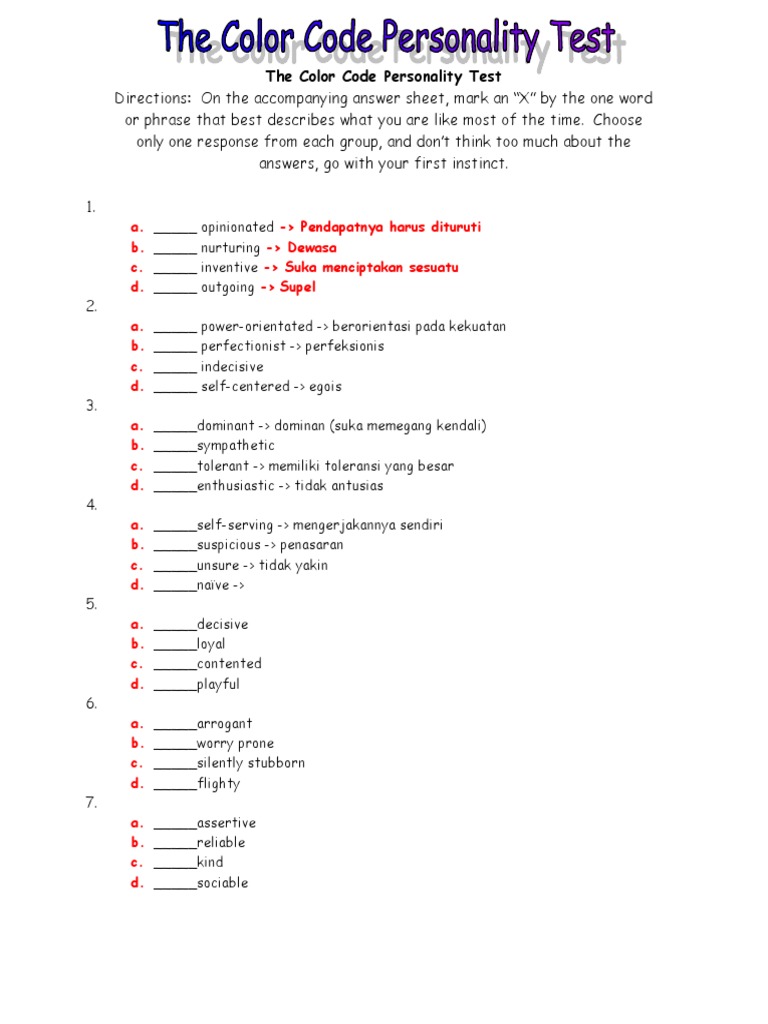 The Color Code PersonalityTest-Teacher (Isi) | PDF