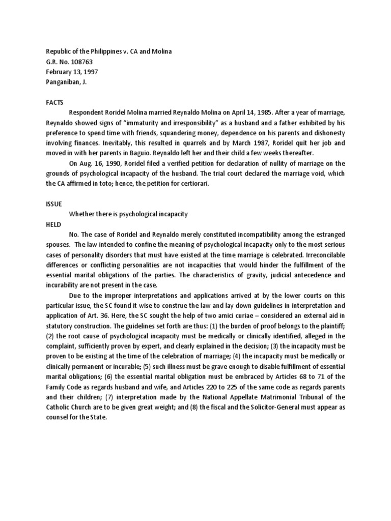 Republic of The Philippines V CA and Molina Case Digest Marriage