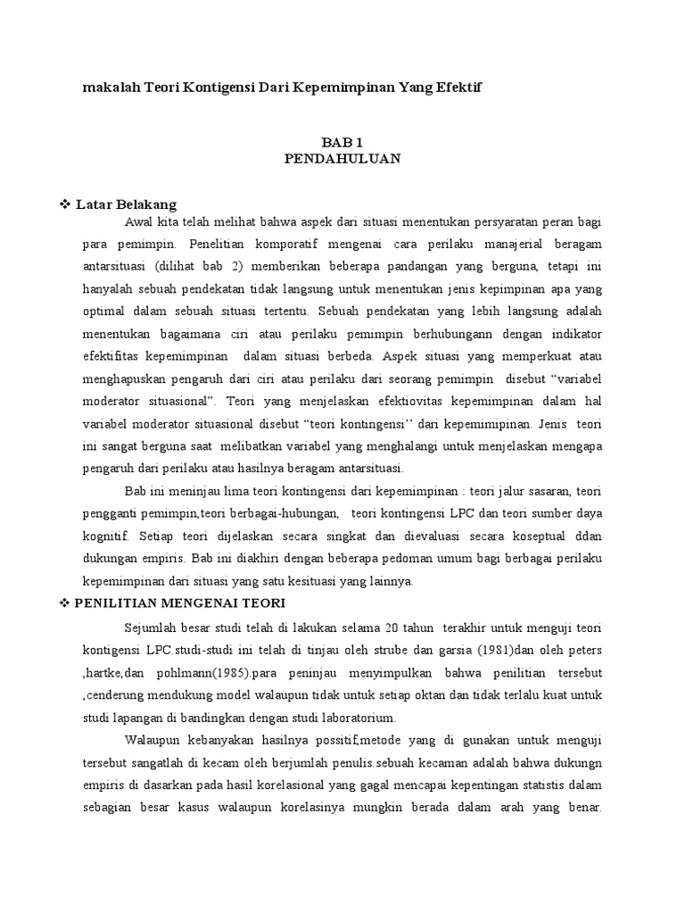 Makalah Teori Kontigensi Dari Kepemimpinan Yang Efektif