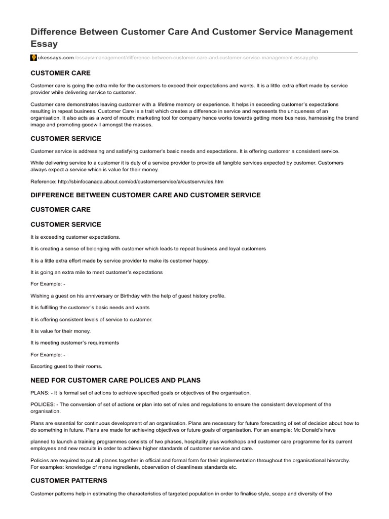Difference Between Customer Care And Customer Service Pdf