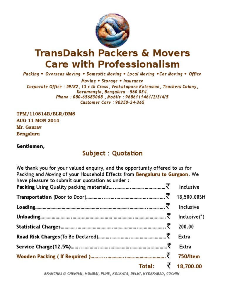 TransDaksh Moving Services Quotation | PDF