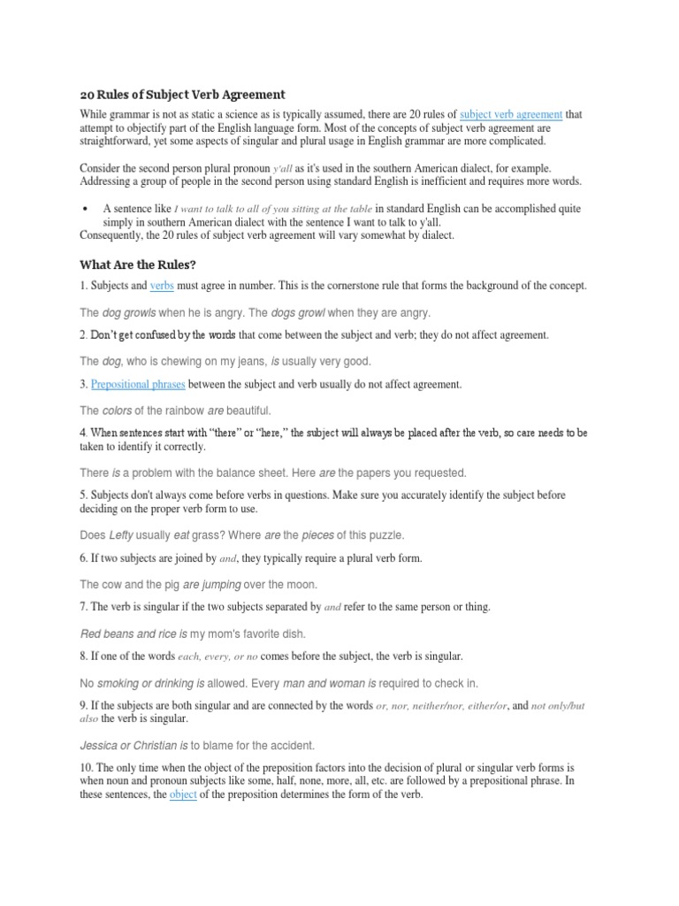 20 Rules of Subject Verb Agreement | PDF | Grammatical Number | Subject ...