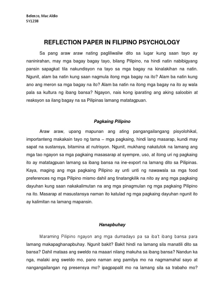 filipino reflection paper sample tagalog