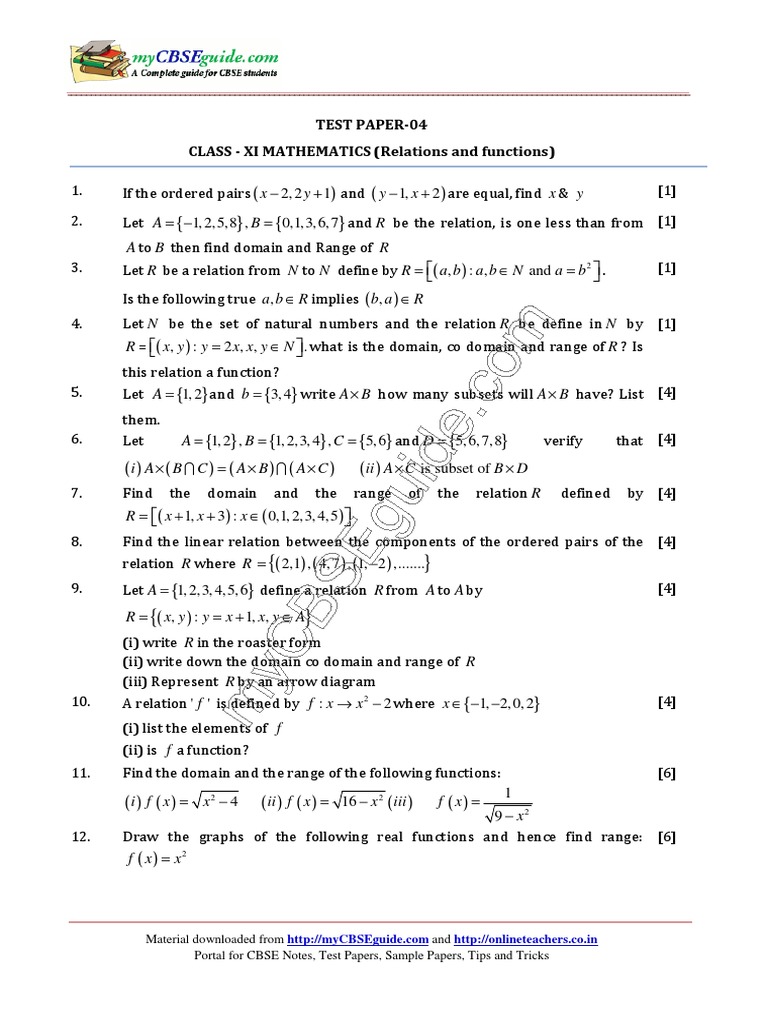 Class 11 Relations and Functions Test | PDF