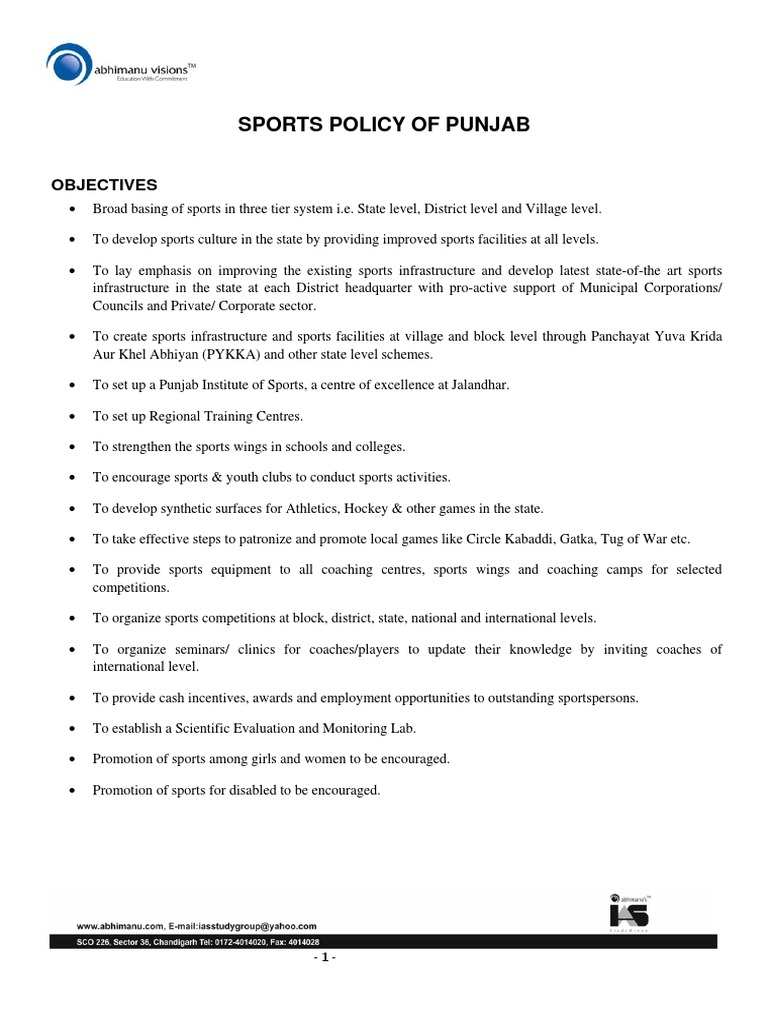 Punjab Sports Policy 2023 Overview | PDF | Sports | Infrastructure